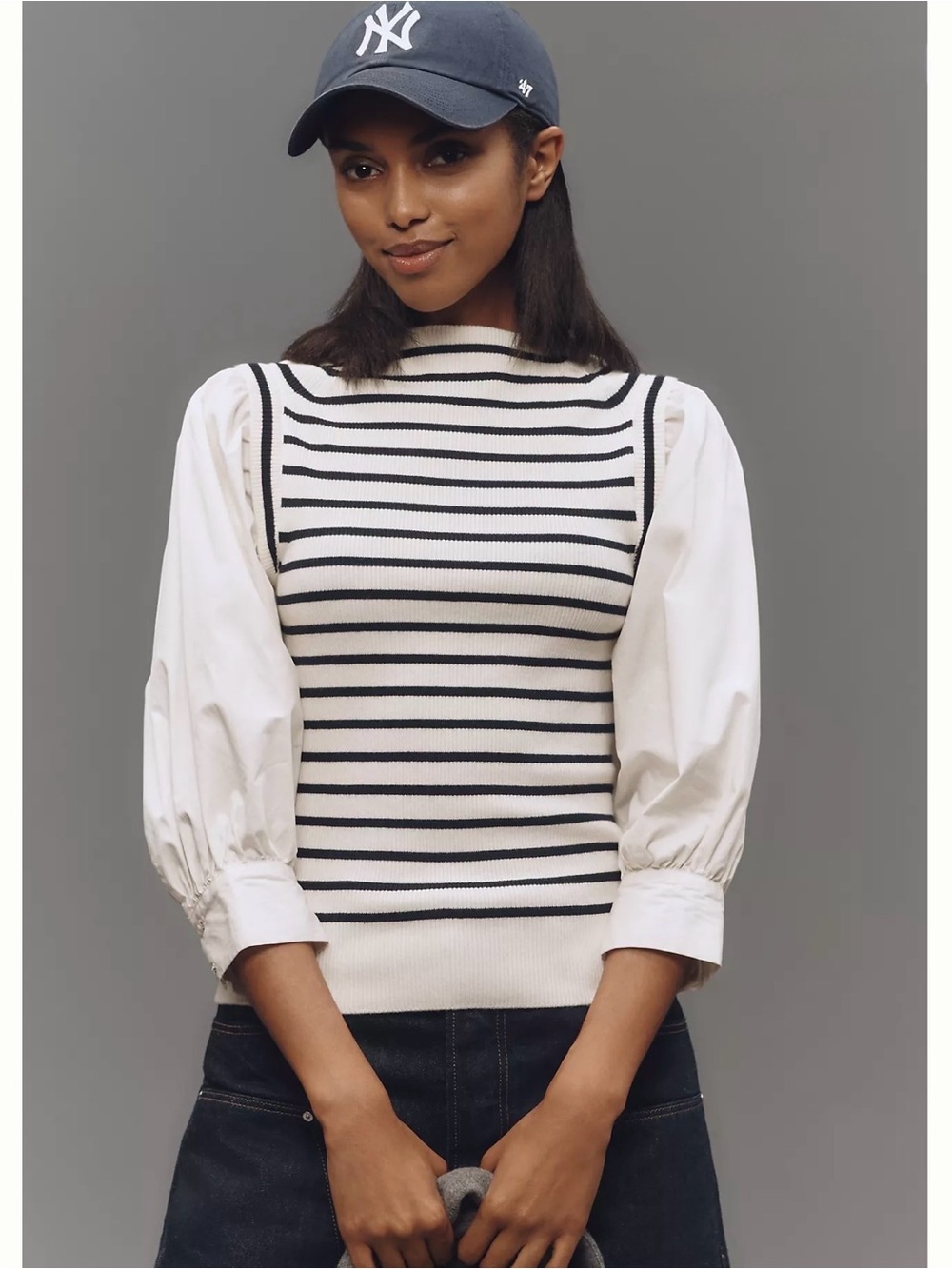 NWT Derek Lam Mixed Media Top with Black Stripes and Puff Sleeves (Small Flaw)